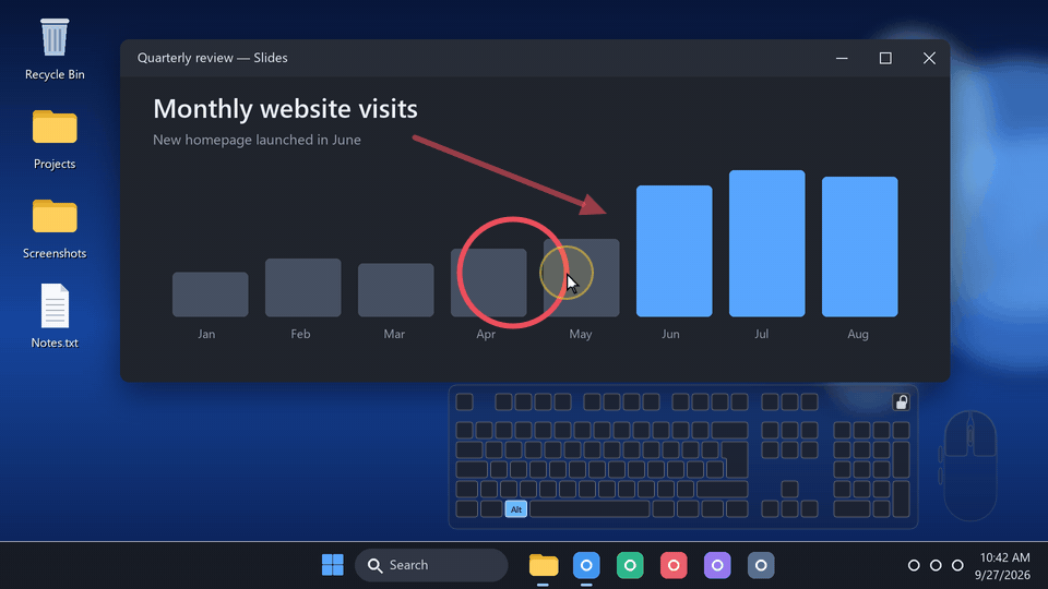 Presentation mode over a slide: Alt+R, Alt+F and Alt+C light up on the mini keyboard, the left click shows on the mouse and under the pointer halo, and a rectangle, an arrow and a circle are drawn then fade away.